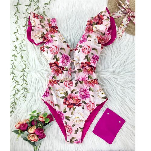 2022 New Print Swimwear Deep V-neck Ruffle Swimsuit Push Up