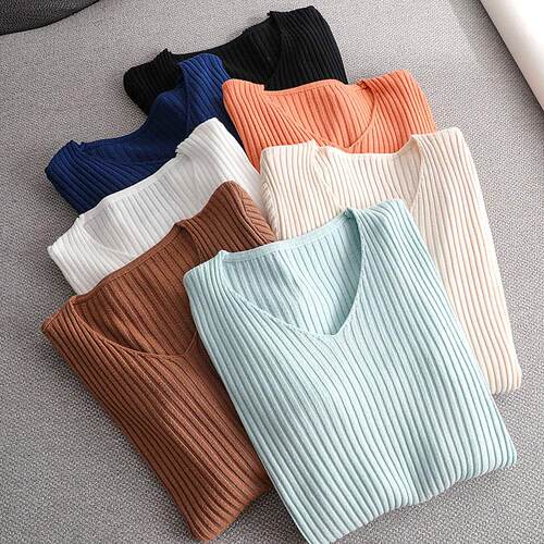 basic v-neck solid autumn winter Sweater Pullover Women Fema
