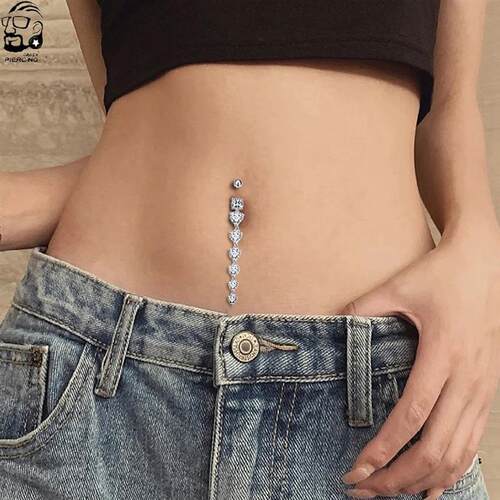 7 Heart Crystals Long Dangled Belly Button Rings Surgical St