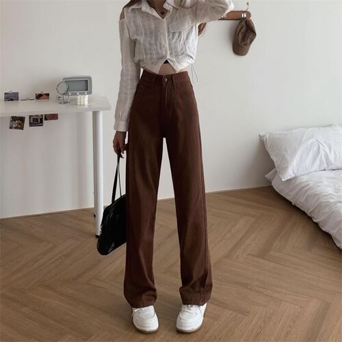 Summer Women Brown Jeans High Waist Loose Straight Wide Leg