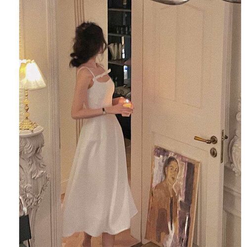 White Black Halter Bow Dress Womens Summer French High-end