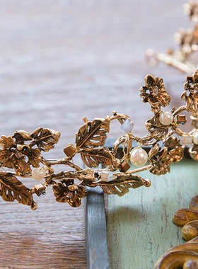 Vintage Baroque Gold Pearl Leaf Bridal Tiara Crystal Crown H