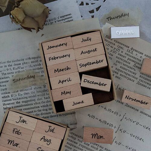 Yoofun 8pcs/12pcs One Week Wooden Stamp Set 12 Months Wood R