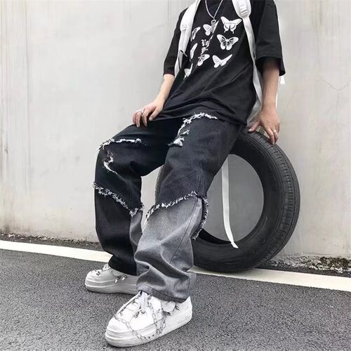 Mens Jeans Pants With Hole Casual Vintage Straight Leg Korea