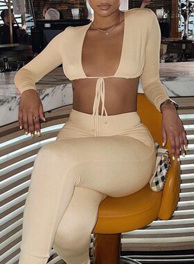 Hugcitar 2021 Summer Solid Long Sleeves Bandage V Neck Crop