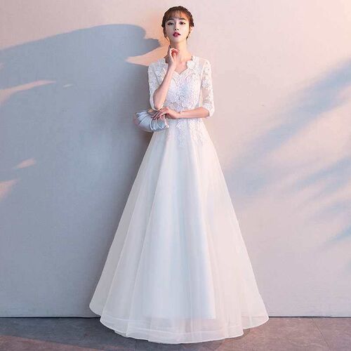Banquet evening dress women winter new temperament white lon