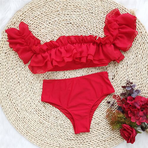 High Waist Bikini 2025 Solid Color Shoulder Print Swimwear E