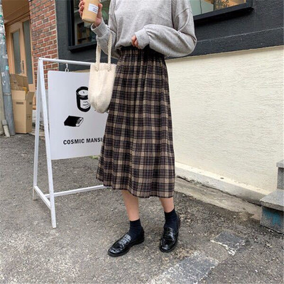 Vintage Wool Pleated Plaid Skirt Women High Waist Plus Size