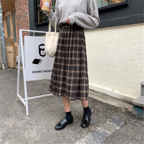 Vintage Wool Pleated Plaid Skirt Women High Waist Plus Size