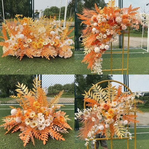 新款香槟橘色婚庆路引花婚礼舞台装饰花排挂花橱窗背景架展厅假花