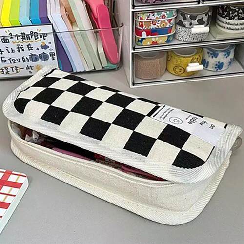 Simple Black and White Plaid Canvas Pencil Case School penci