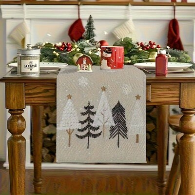 Christmas Table Runner - Beige and brown winter scene with p