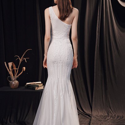 Aoottii Elegant One Shoulder White Long Sequin Evening Dress