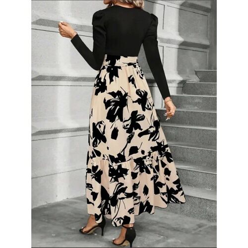 Stylish Color Block Dresses Women Round Neck Long Sleeve