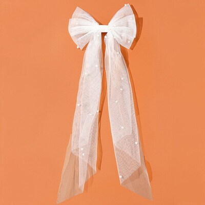 New Long Ribbon Mesh Bow Hair Clips Elegant Imitation Pearls