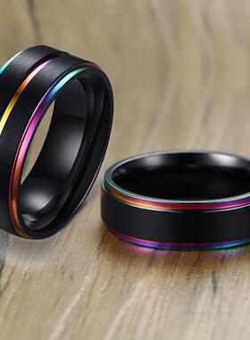 Vnox Black Stainless Steel Basic Ring for Men With Rainbow L