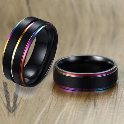 Vnox Black Stainless Steel Basic Ring for Men With Rainbow L