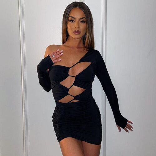 022 Long Sleeve Cut Out Bandage Mini Dress Outfits for Women