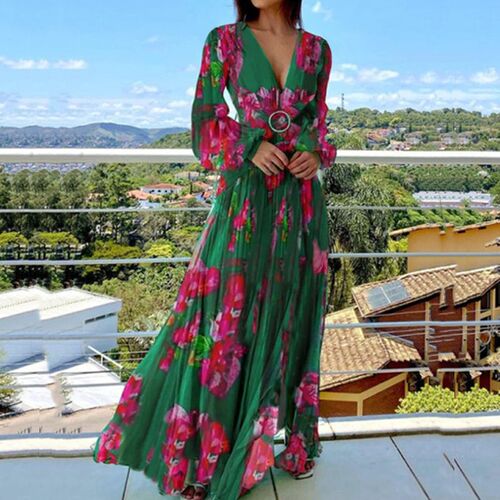 Elegant Printed Chiffon Party Dress Women Sexy V-neck Split