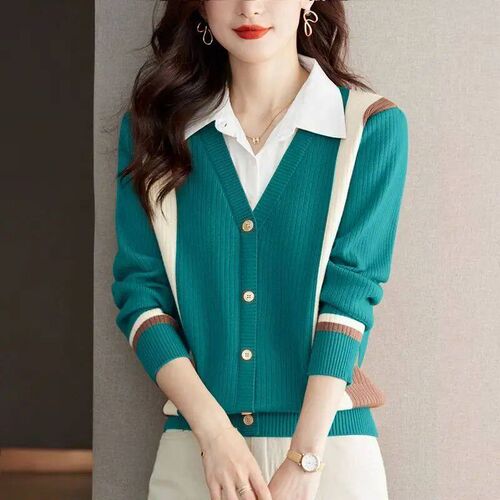 Fashion Women Korean Clothing Contrast Sweater Patchwork Fak