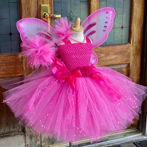 Girls Pink Glitter Tulle Dress Kids Butterfly Fairy Tutu Dre