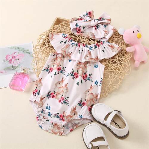 Baby Easter 2 Bunny Printed Sleeveless Jumpsuit Triangle Cli