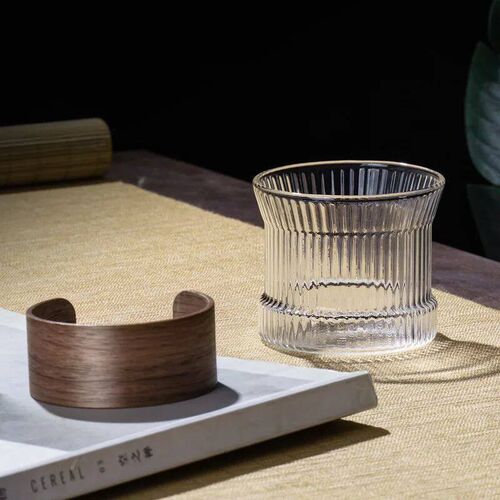 Glass Coffee Mug Japanese Style with Walnut Cup Sleeve, Tran