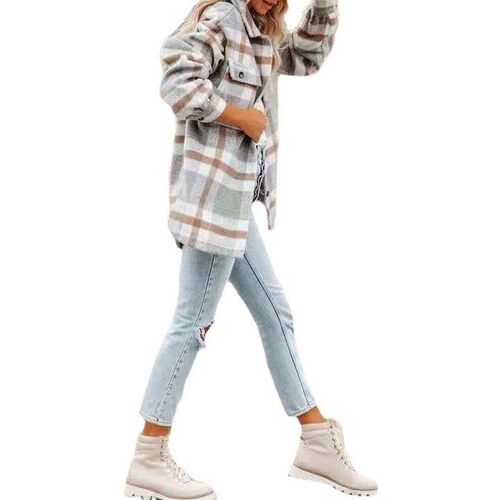 2025 Womens Long Sleeve Loose Plaid Shirt Woolen at Women