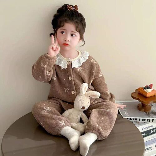 Girls Warm Winter Set - Cute Lace Trim & Bow Print Coral Fl