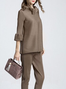 Pleated  Spring Summer New Women Elegant 2 Pieces Sets Large