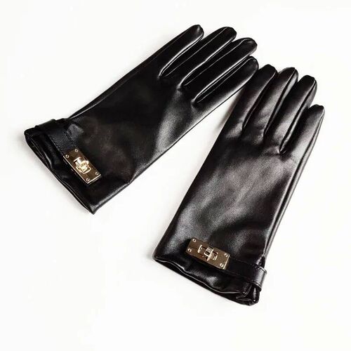 Womens Natural Sheepskin Leather Buckle Glove Female Fashio