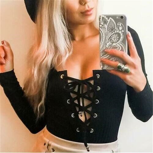 Spring Women Lace Up Bodycon Knit Bodysuits Long Sleeve Leot