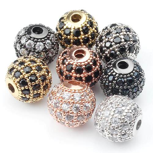 3pcs/lot Round Ball CZ Beads Metal Brass Micro Pave Crystal