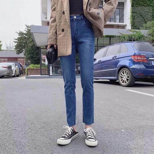 -8554-20 autumn slim fit and thin hem raw edge stetch jeans