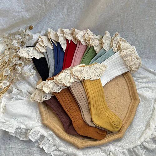 New Baby Girls Knee High Socks Soft Cotton Kids Lace Frilly