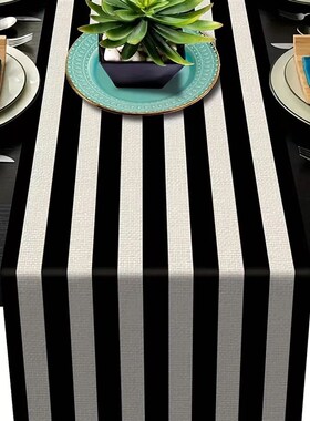 1pc Geometric Stripe Linen Table Runner, Modern Simple Black
