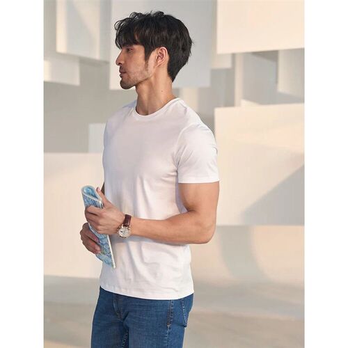SuyaDream Mens Solid Tee Cotton Silk Blend Plain O neck Shor