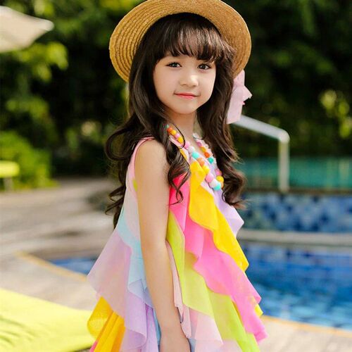 Girls  New Summer Rainbow stripe children dress formal princ