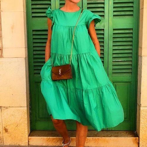 Casual Short Sleeve O Neck Floral Print Ruffles Dress Retro