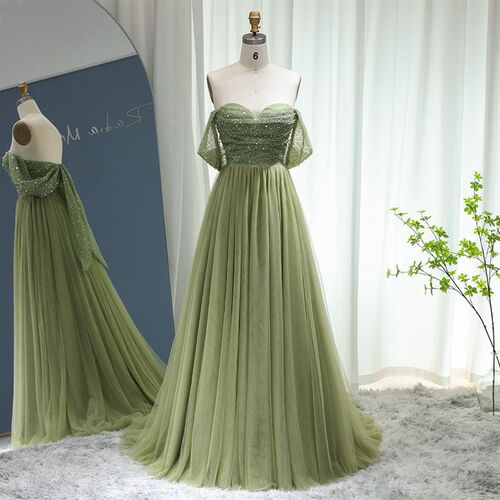 Sharon Said Elegant Off Shoulder Sage Evening Dresses for Wo