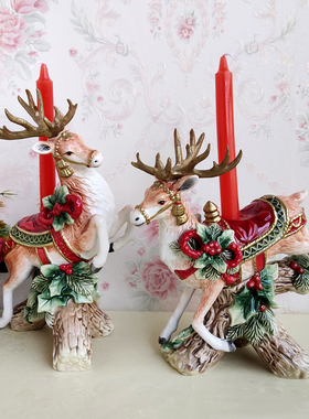 出口外单陶瓷耶诞麋鹿烛台摆件节日饭厅布置装饰礼品欧式祝福装饰