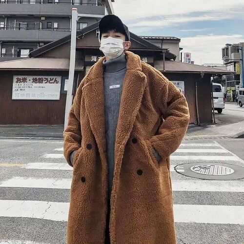 Lamb wool big thickened long coat mens winter particle wool