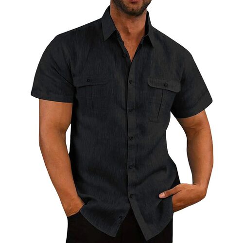 Cotton Linen Hot Sale Men Short-Sleeved Shirts Summer Solid