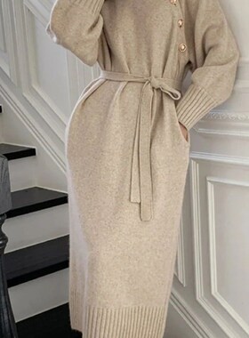 Vintage Turtleneck Buttons Long Sleeve Long Dresses Winter F