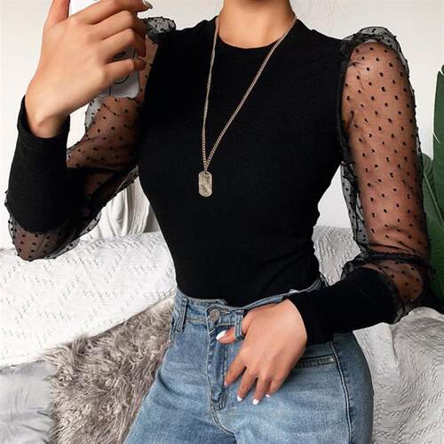 Mesh Puff Sleeve Elegant Bodysuits Tops Women Long sleeve So