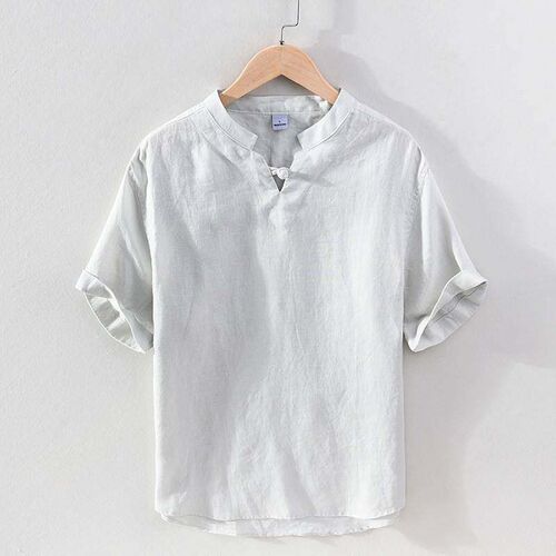 9013 style plate button loose short-sleeved linen shirt men