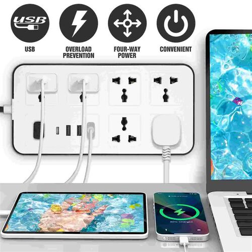 Flat Power Strip Extension Cable Multi Plug Outlet With USB