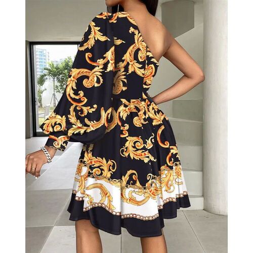 Womens Fashion Off the Shoulder Waist Printed Dress