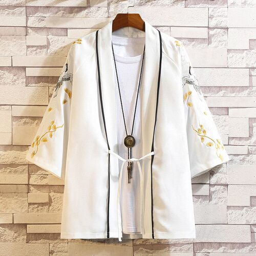 Chinese Style Mens Crane Embroidered Seven-point Sleeve Top
