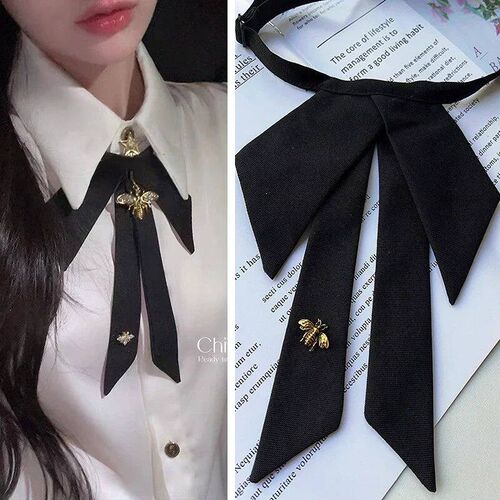 College Style Black Fabric Bow Tie Pearl Bee Fashion Shirt C